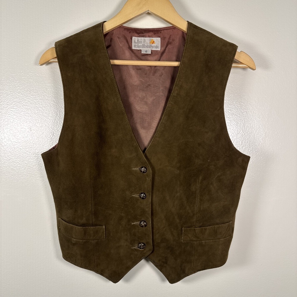 Vintage 80s Liz Claiborne Suede Leather Button Vest Olive Brown Women's Size 12